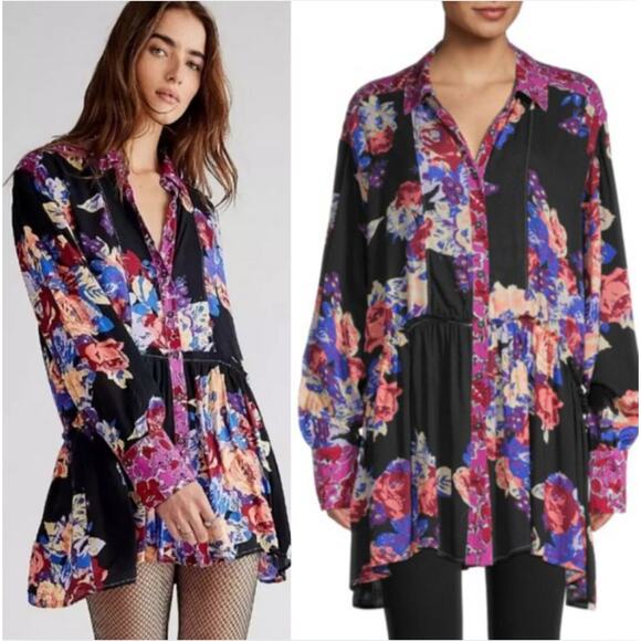 Free People Women Viscose Brunch A Bunch Floral Peplum Oversized Tunic‎ Top XS - Picture 1 of 9